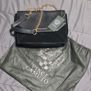 Vince Camuto Black Suede Leather Shoulder Bag with Gold Chain